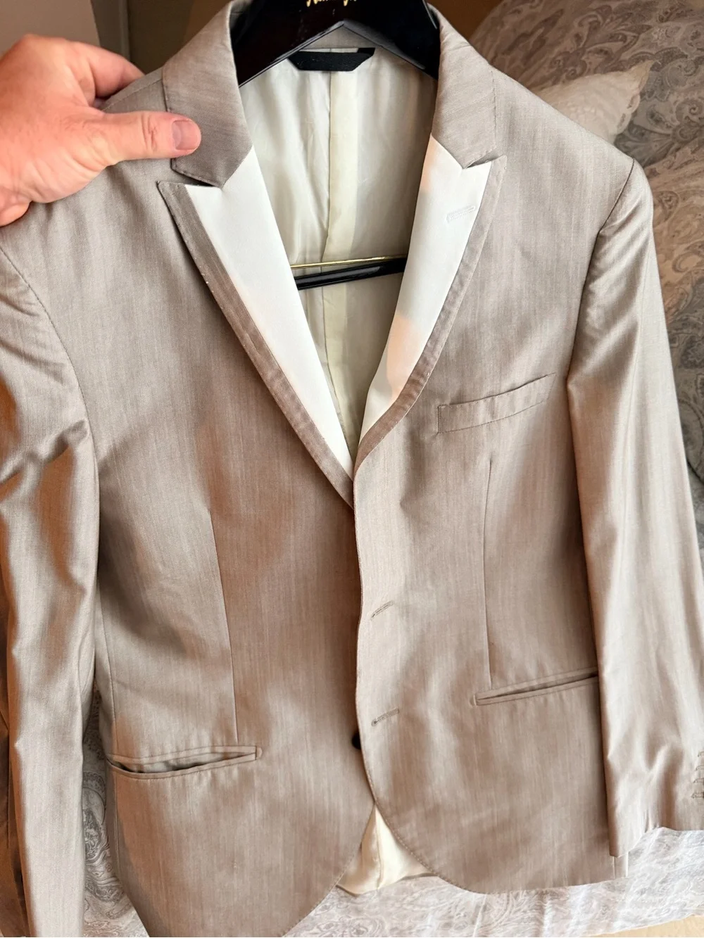 TONELLO Men's Taupe 2 piece suit with White Trim and tuxedo lapel